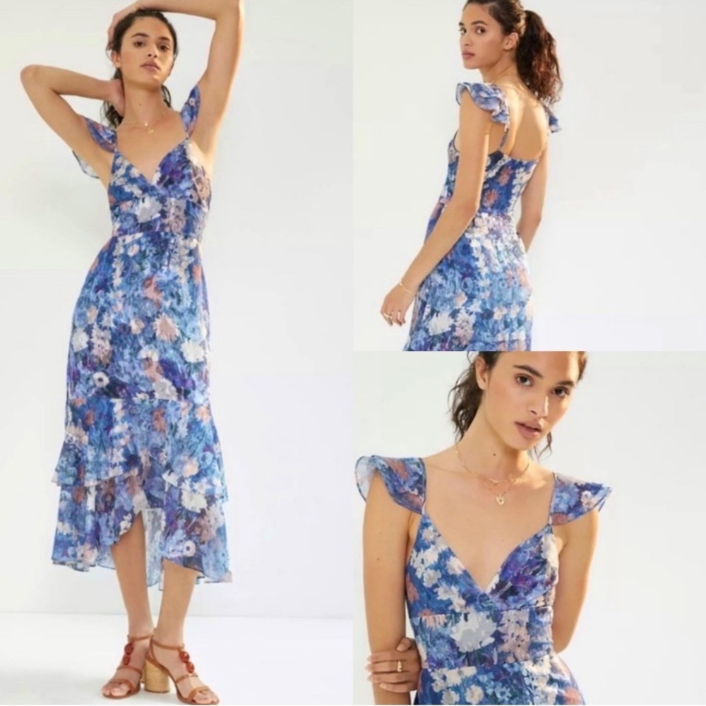 NWT Anthropologie Hutch Blue Floral Ruffle Midi Dress